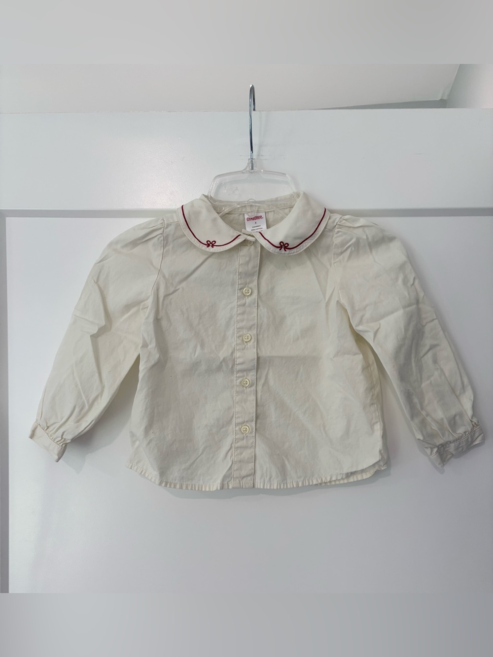 Gymboree Long sleeve Ivory Button up With Red bow embroidered collar 3t